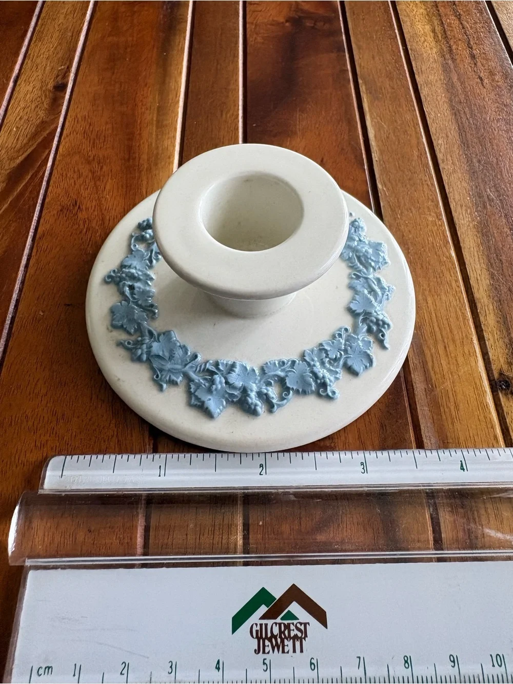 Wedgwood Etruria & Barlaston Embossed Queensware Candle Holder Blue on Cream